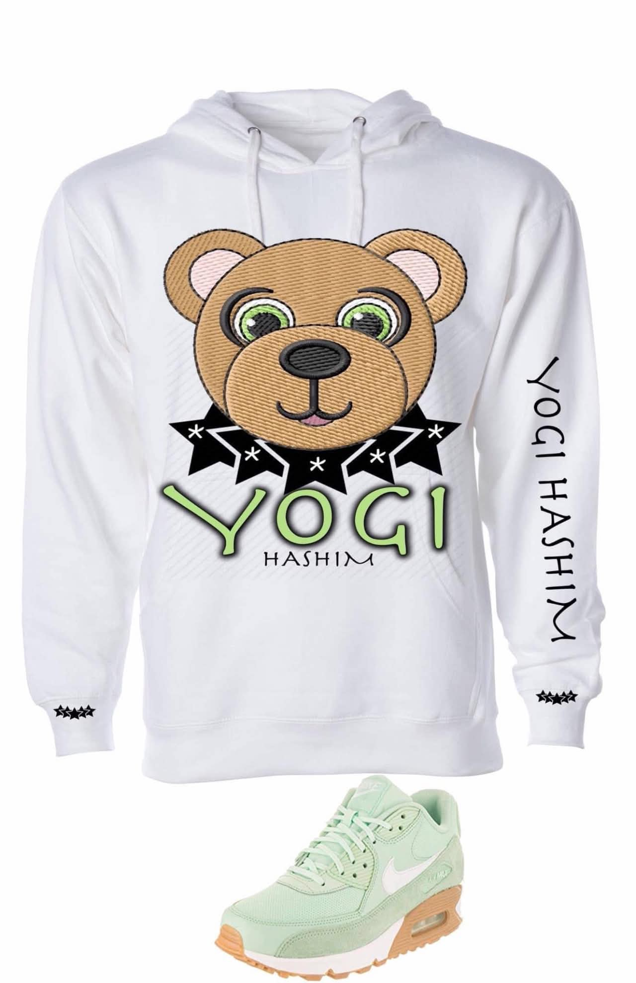 Yogi Hashim hoodie with mint sneaker styling
