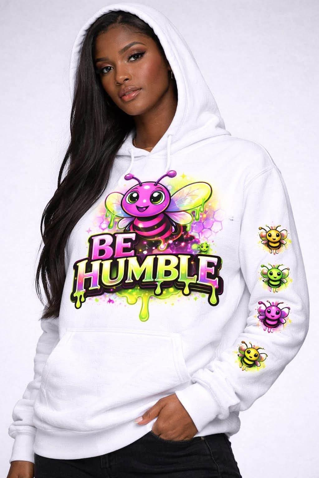 White Be Humble hoodie campaign look