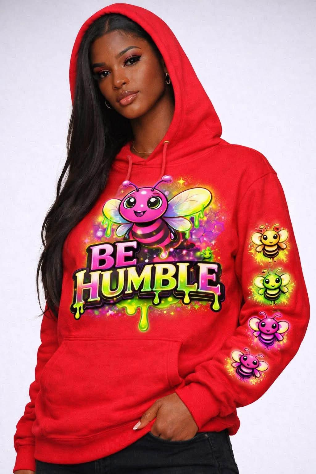 Red Be Humble hoodie campaign look